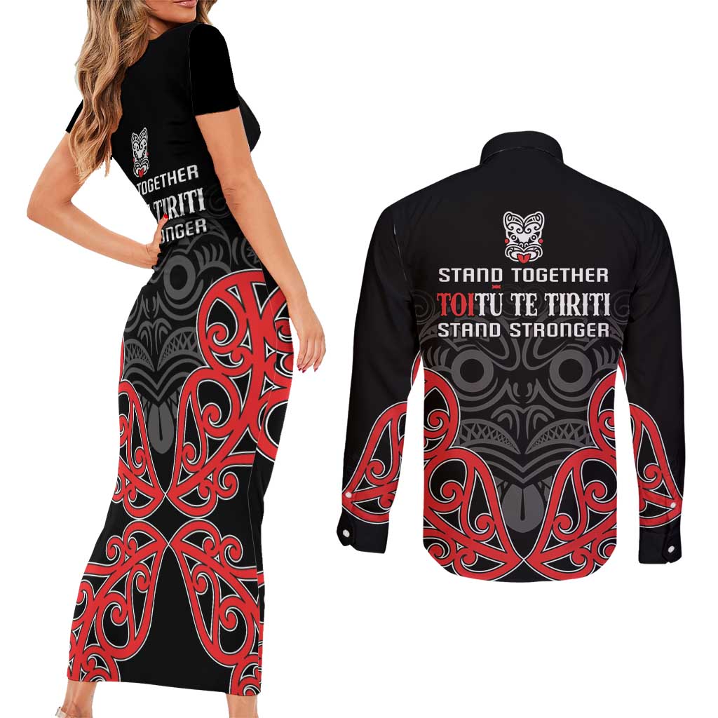 Toitu Te Tiriti 1840 Aotearoa Couples Matching Short Sleeve Bodycon Dress and Long Sleeve Button Shirt Stand Together Stand Stronger LT01 - Polynesian Pride