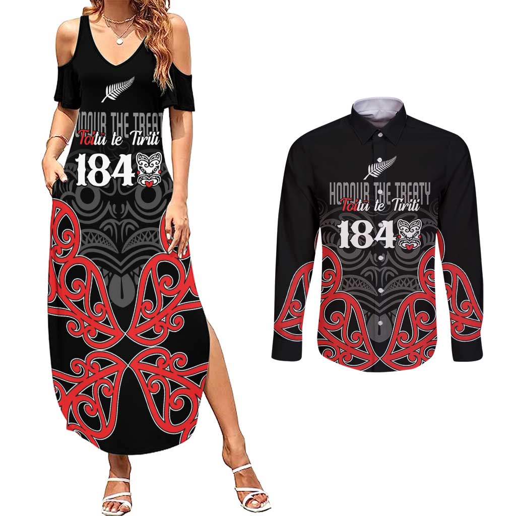 Toitu Te Tiriti 1840 Aotearoa Couples Matching Summer Maxi Dress and Long Sleeve Button Shirt Stand Together Stand Stronger LT01 Black - Polynesian Pride