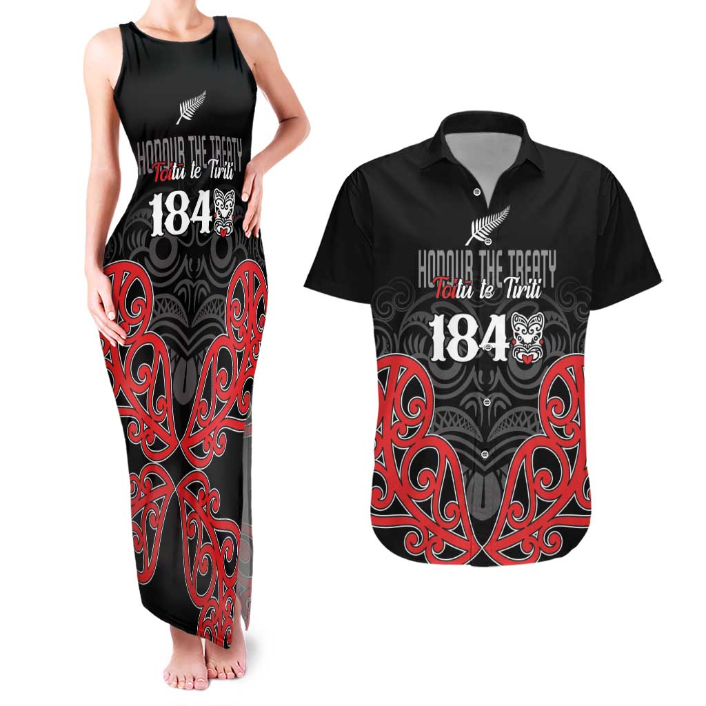 Toitu Te Tiriti 1840 Aotearoa Couples Matching Tank Maxi Dress and Hawaiian Shirt Stand Together Stand Stronger LT01 Black - Polynesian Pride