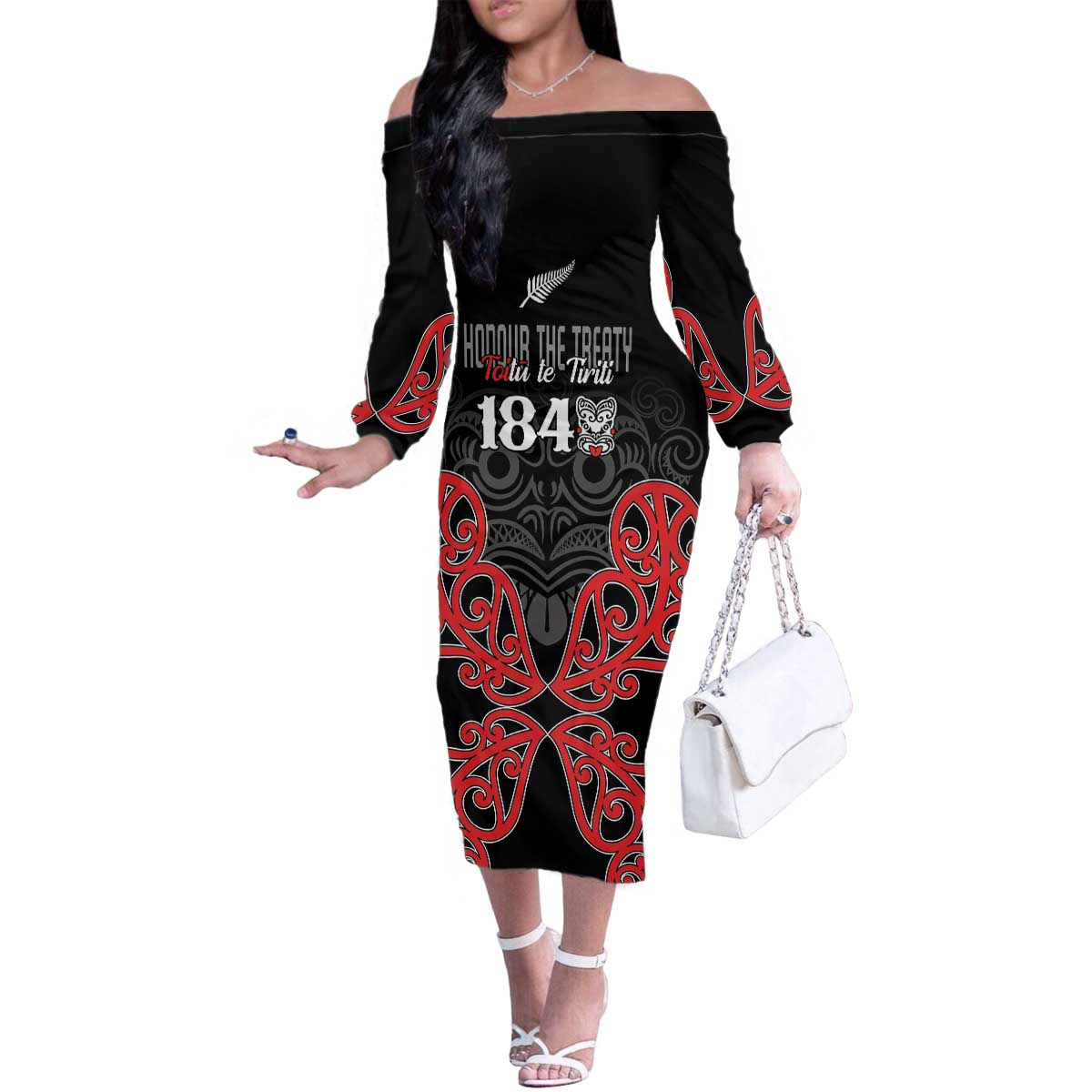 Toitu Te Tiriti 1840 Aotearoa Family Matching Off The Shoulder Long Sleeve Dress and Hawaiian Shirt Stand Together Stand Stronger LT01 Mom's Dress Black - Polynesian Pride