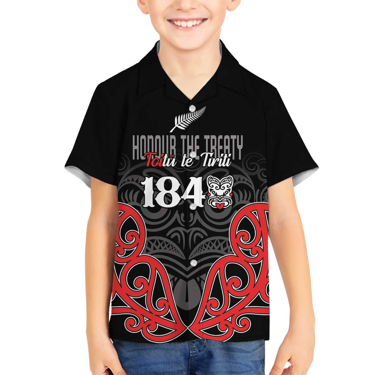 Toitu Te Tiriti 1840 Aotearoa Family Matching Off The Shoulder Long Sleeve Dress and Hawaiian Shirt Stand Together Stand Stronger LT01 Son's Shirt Black - Polynesian Pride