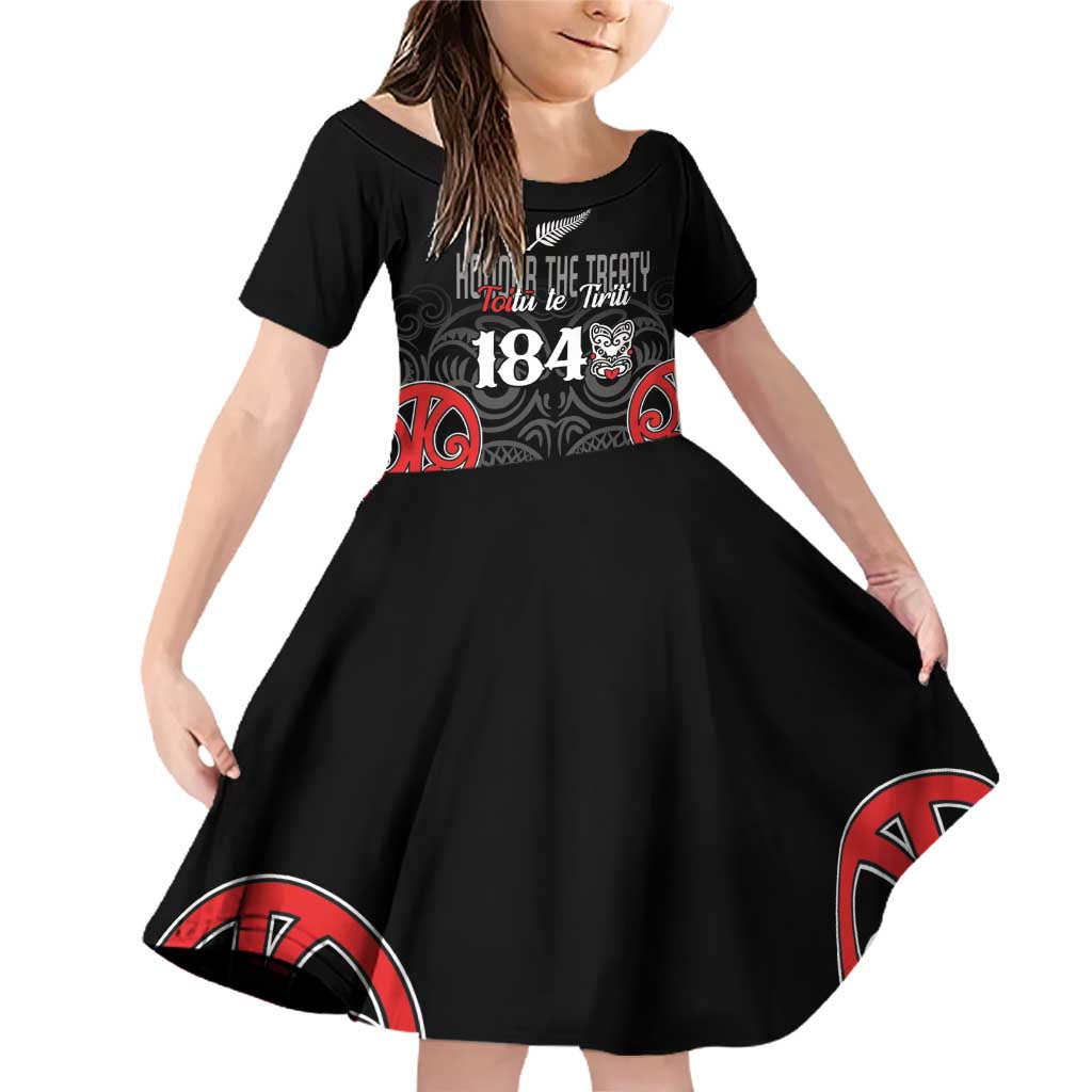 Toitu Te Tiriti 1840 Aotearoa Family Matching Off Shoulder Short Dress and Hawaiian Shirt Stand Together Stand Stronger LT01 Daughter's Dress Black - Polynesian Pride
