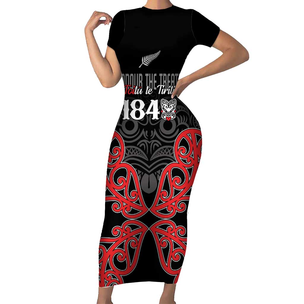 Toitu Te Tiriti 1840 Aotearoa Family Matching Short Sleeve Bodycon Dress and Hawaiian Shirt Stand Together Stand Stronger LT01 Mom's Dress Black - Polynesian Pride