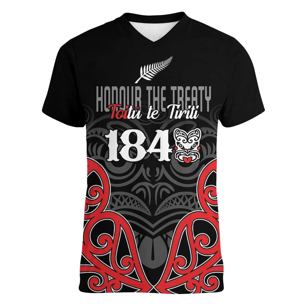 Toitu Te Tiriti 1840 Aotearoa Women V-Neck T-Shirt Stand Together Stand Stronger LT01 Female Black - Polynesian Pride
