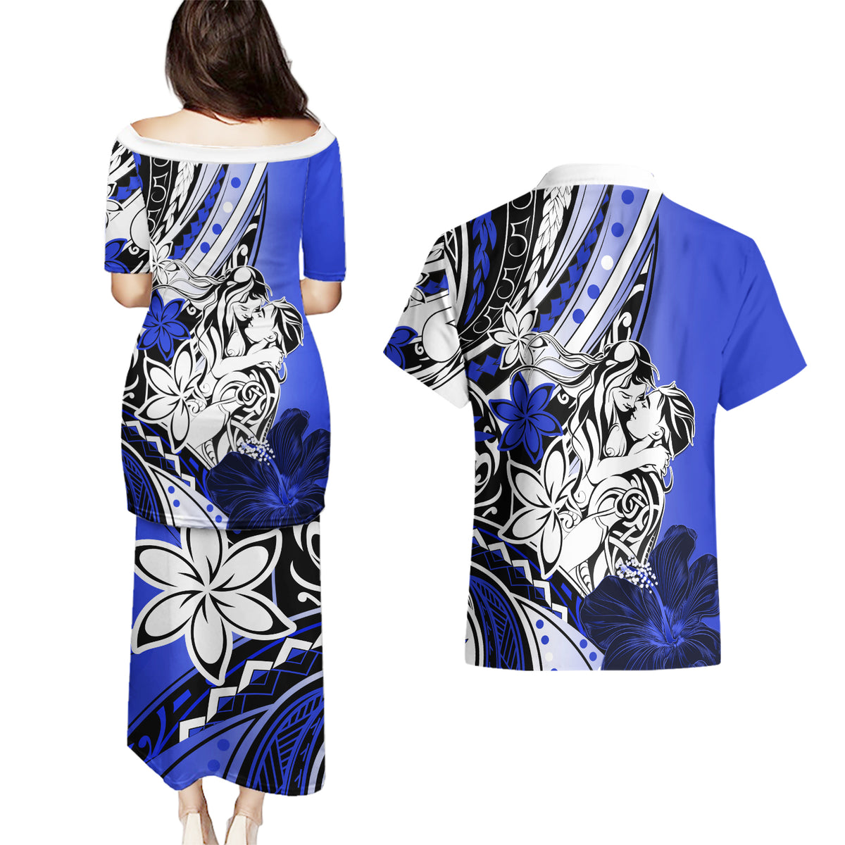 Polynesian Valentine Couples Matching Puletasi and Hawaiian Shirt Couple Floral Unique Blue Version LT01 - Polynesian Pride