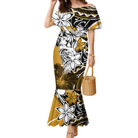 Polynesian Valentine Family Matching Mermaid Dress and Hawaiian Shirt Couple Floral Unique Gold Version LT01 Mom's Dress Gold - Polynesian Pride