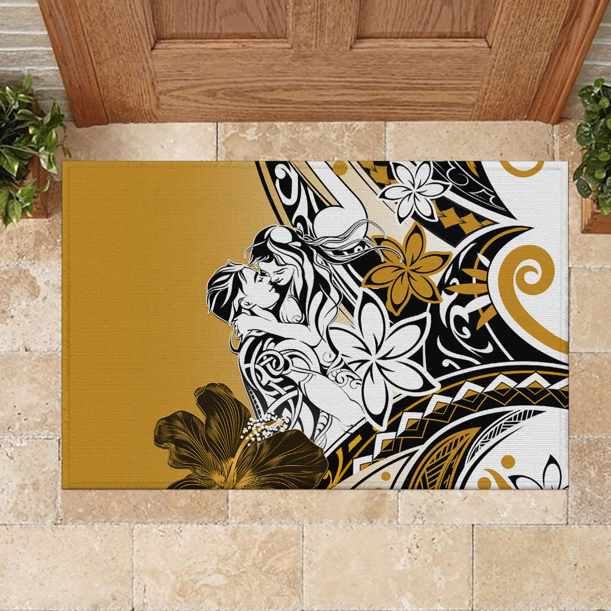 Polynesian Valentine Rubber Doormat Couple Floral Unique Gold Version LT01 - Polynesian Pride