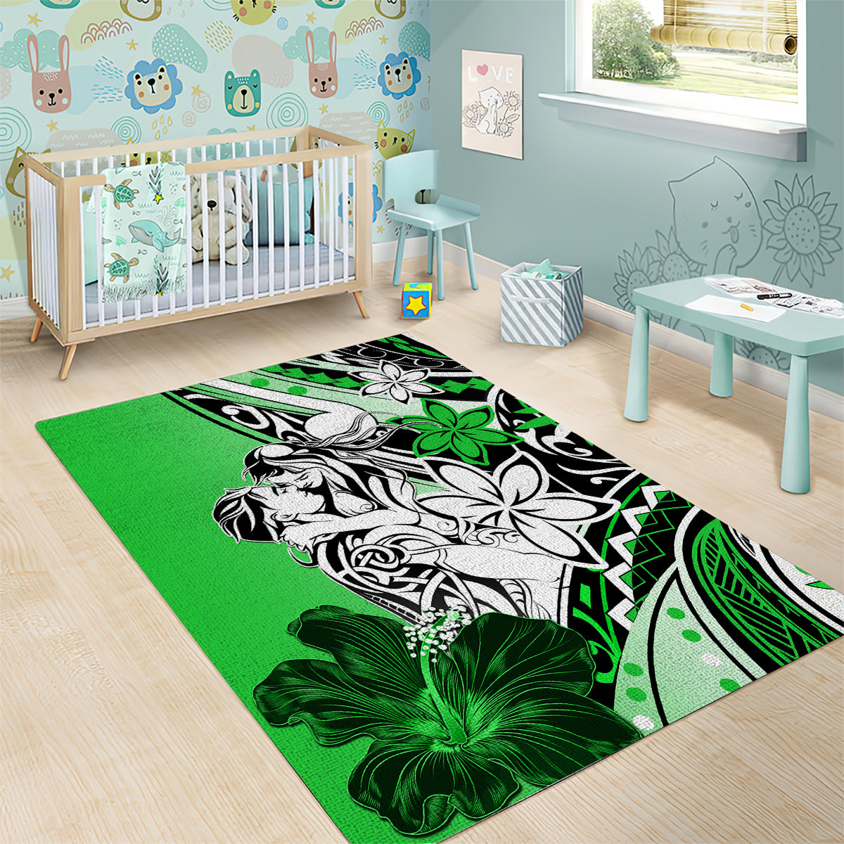 Polynesian Valentine Area Rug Couple Floral Unique Green Version LT01 - Polynesian Pride