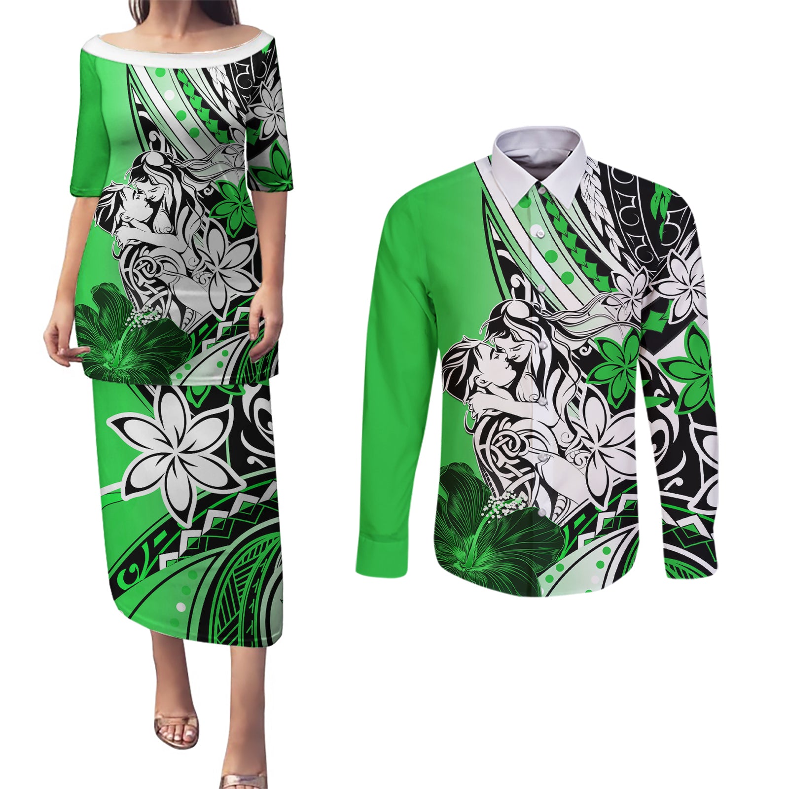 Polynesian Valentine Couples Matching Puletasi and Long Sleeve Button Shirt Couple Floral Unique Green Version LT01 Green - Polynesian Pride