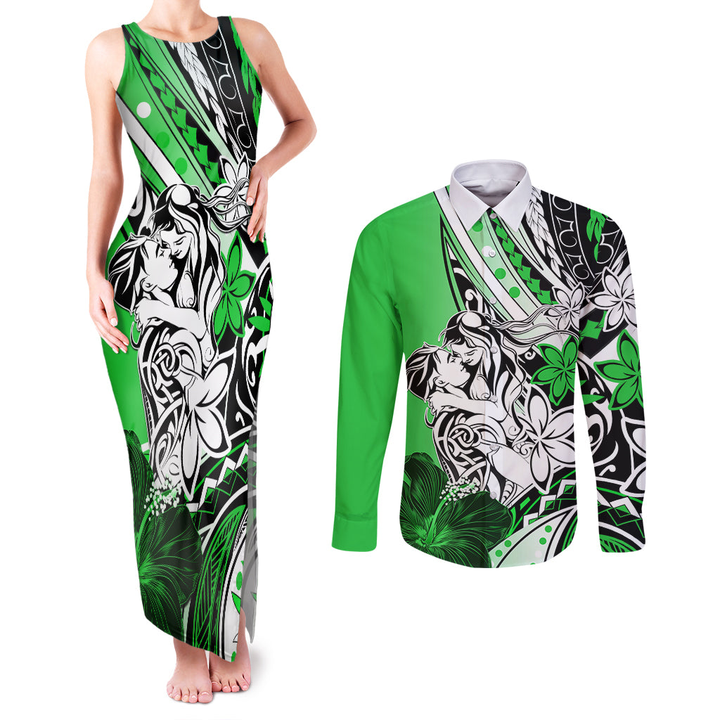 Polynesian Valentine Couples Matching Tank Maxi Dress and Long Sleeve Button Shirt Couple Floral Unique Green Version LT01 Green - Polynesian Pride