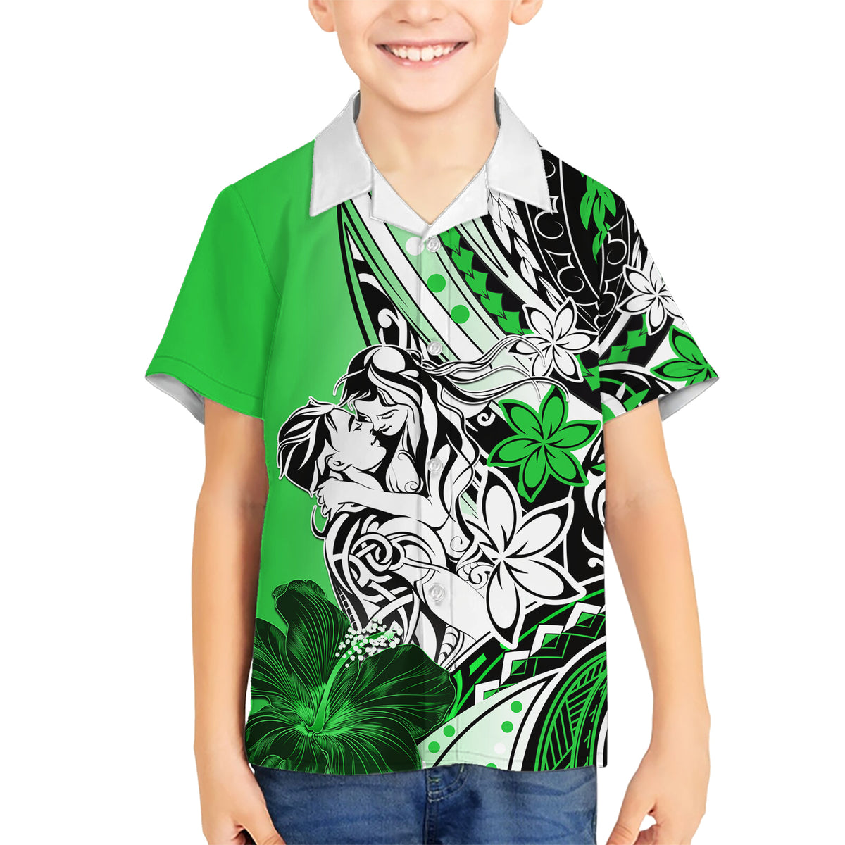 Polynesian Valentine Kid Hawaiian Shirt Couple Floral Unique Green Version LT01 Kid Green - Polynesian Pride