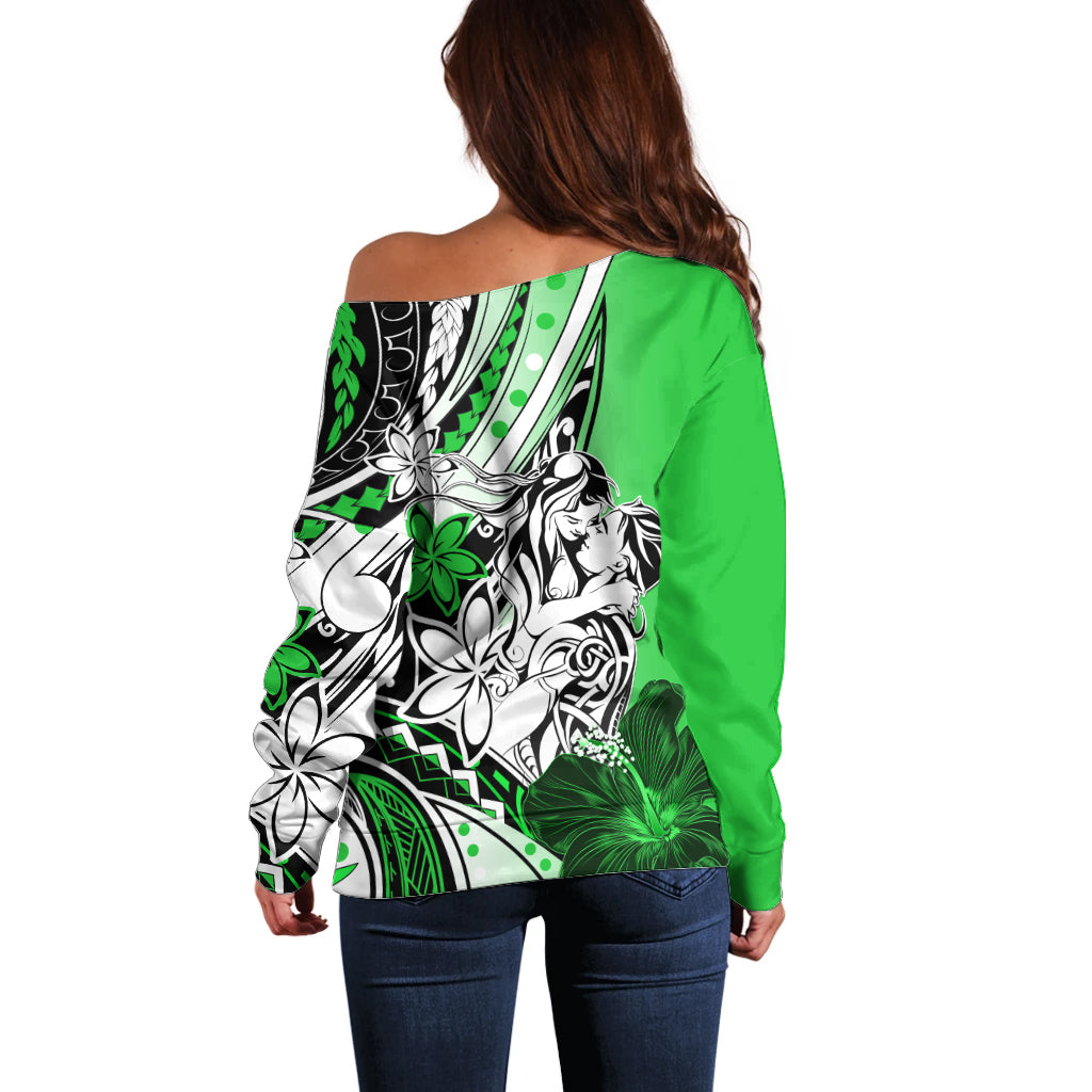 Polynesian Valentine Off Shoulder Sweater Couple Floral Unique Green Version LT01 - Polynesian Pride