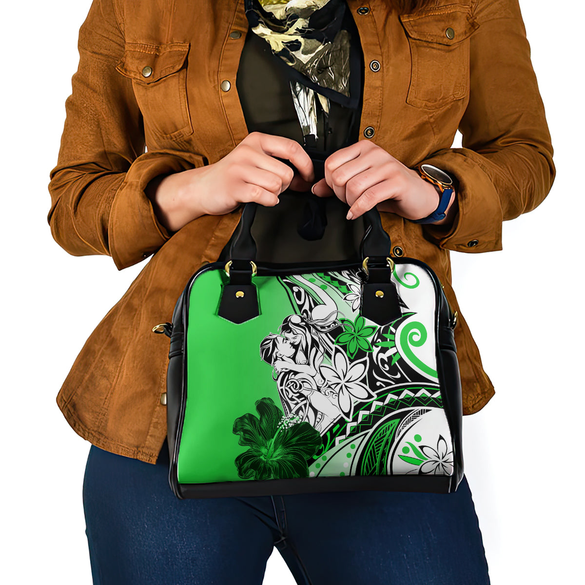Polynesian Valentine Shoulder Handbag Couple Floral Unique Green Version LT01 - Polynesian Pride