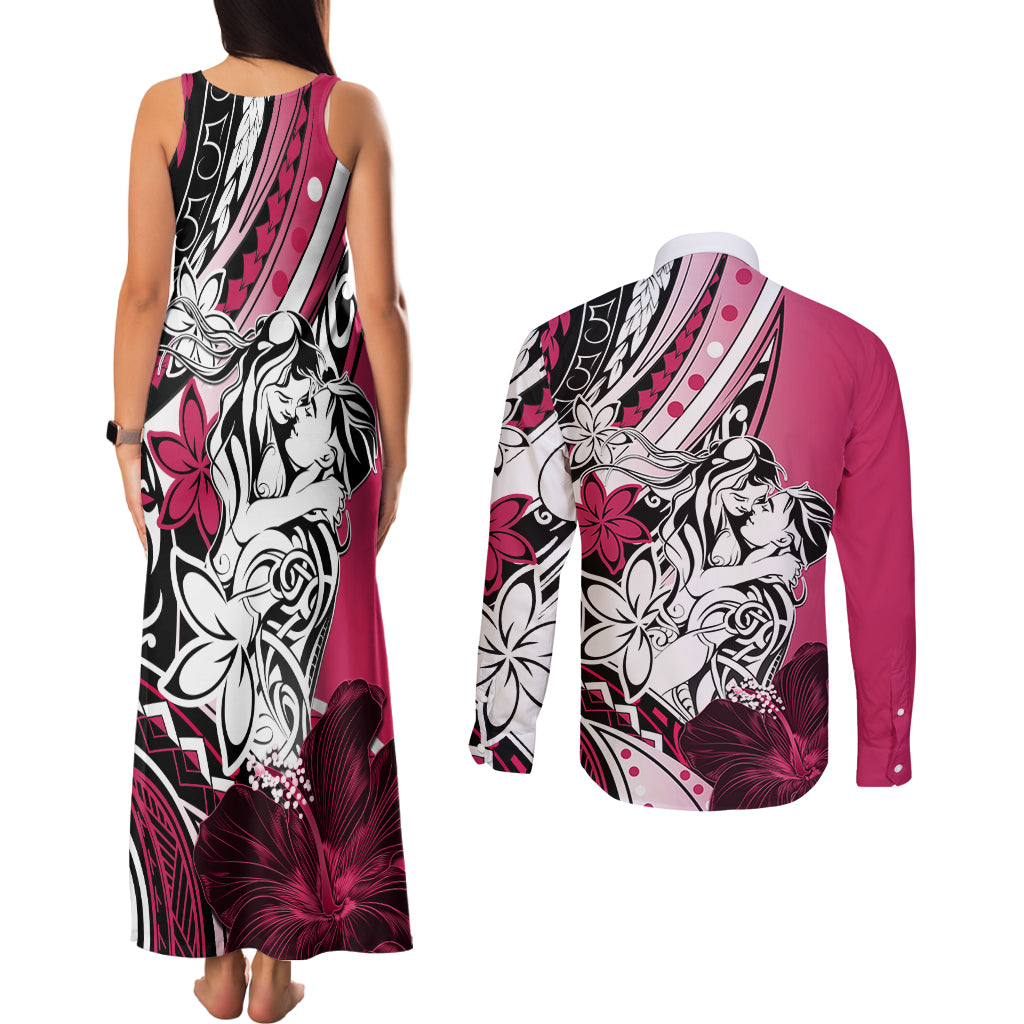 Polynesian Valentine Couples Matching Tank Maxi Dress and Long Sleeve Button Shirt Couple Floral Unique Pink Version LT01 - Polynesian Pride