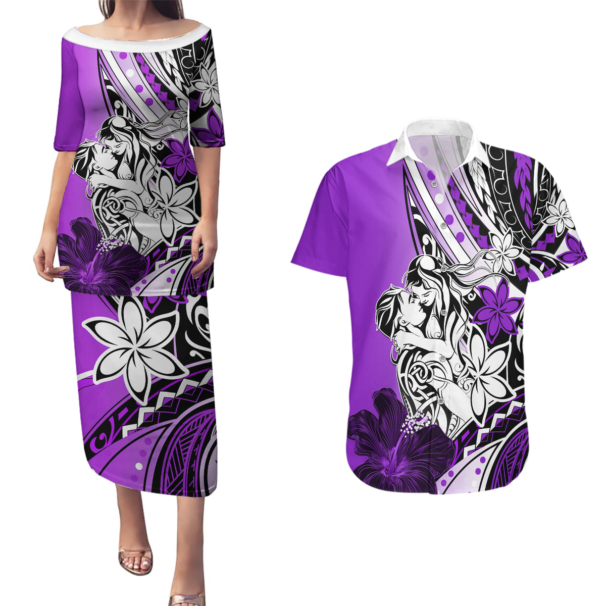 Polynesian Valentine Couples Matching Puletasi and Hawaiian Shirt Couple Floral Unique Purple Version LT01 Purple - Polynesian Pride