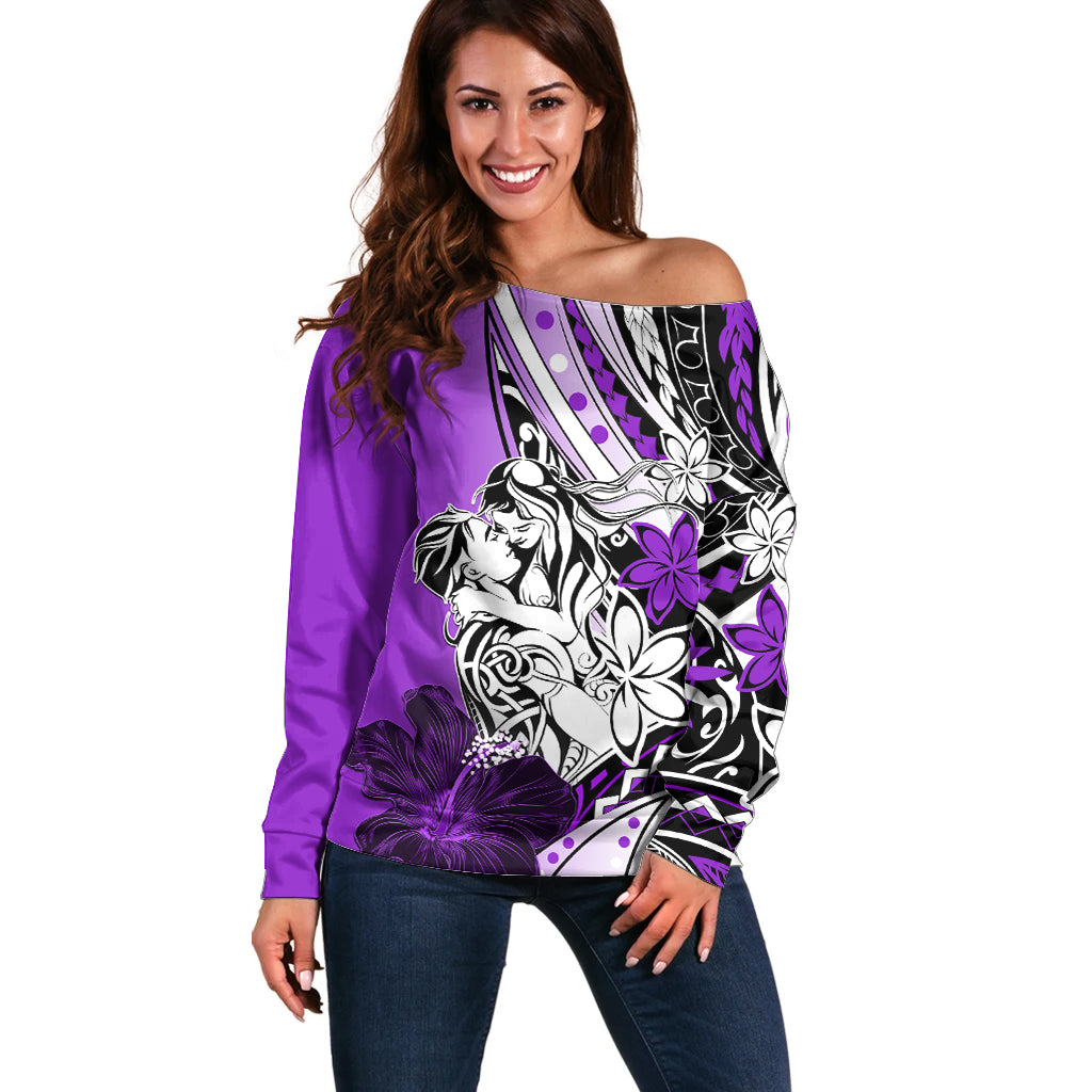 Polynesian Valentine Off Shoulder Sweater Couple Floral Unique Purple Version LT01 Women Purple - Polynesian Pride