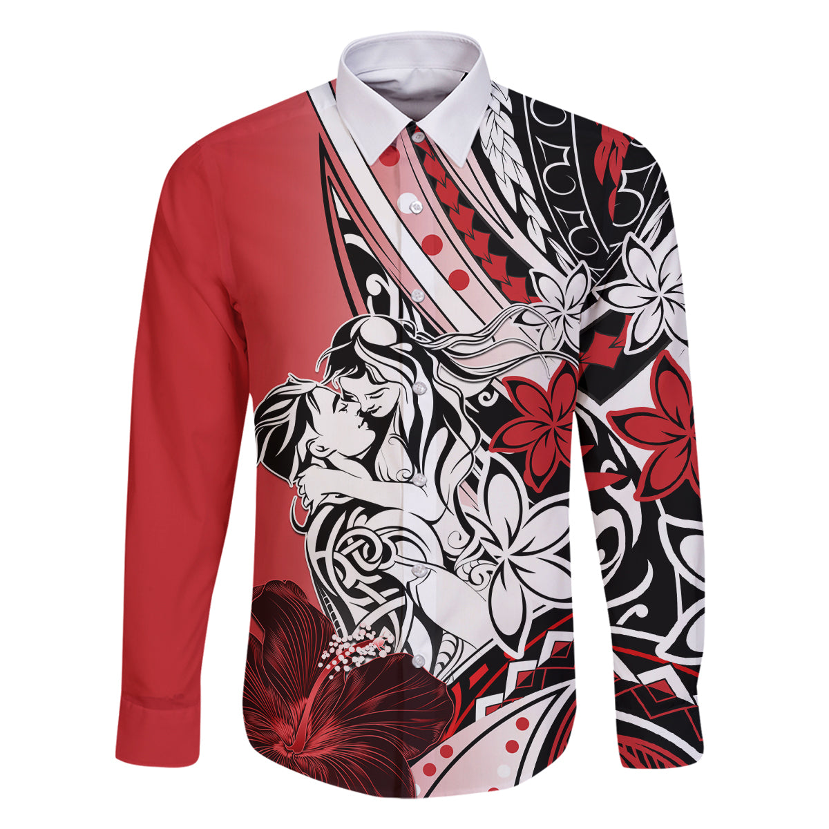 Polynesian Valentine Family Matching Off Shoulder Short Dress and Hawaiian Shirt Couple Floral Unique Red Version LT01 Dad's Shirt - Long Sleeve Red - Polynesian Pride