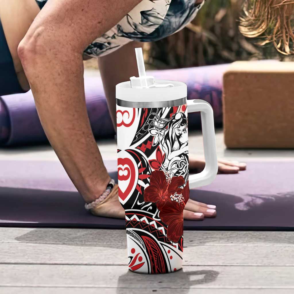 Polynesian Valentine Tumbler With Handle Couple Floral Unique Red Version LT01 - Polynesian Pride