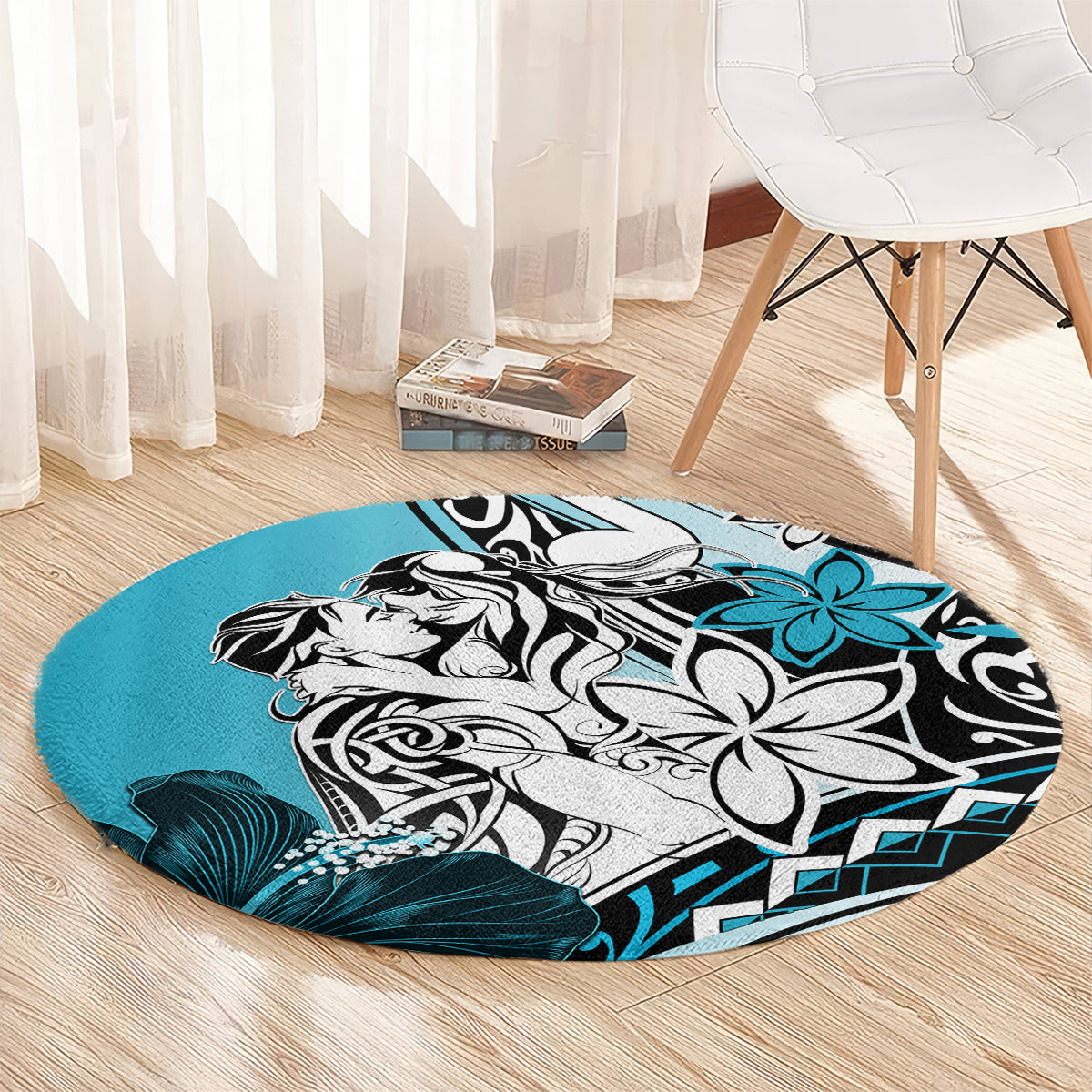Polynesian Valentine Round Carpet Couple Floral Unique Sky Blue Version LT01 - Polynesian Pride