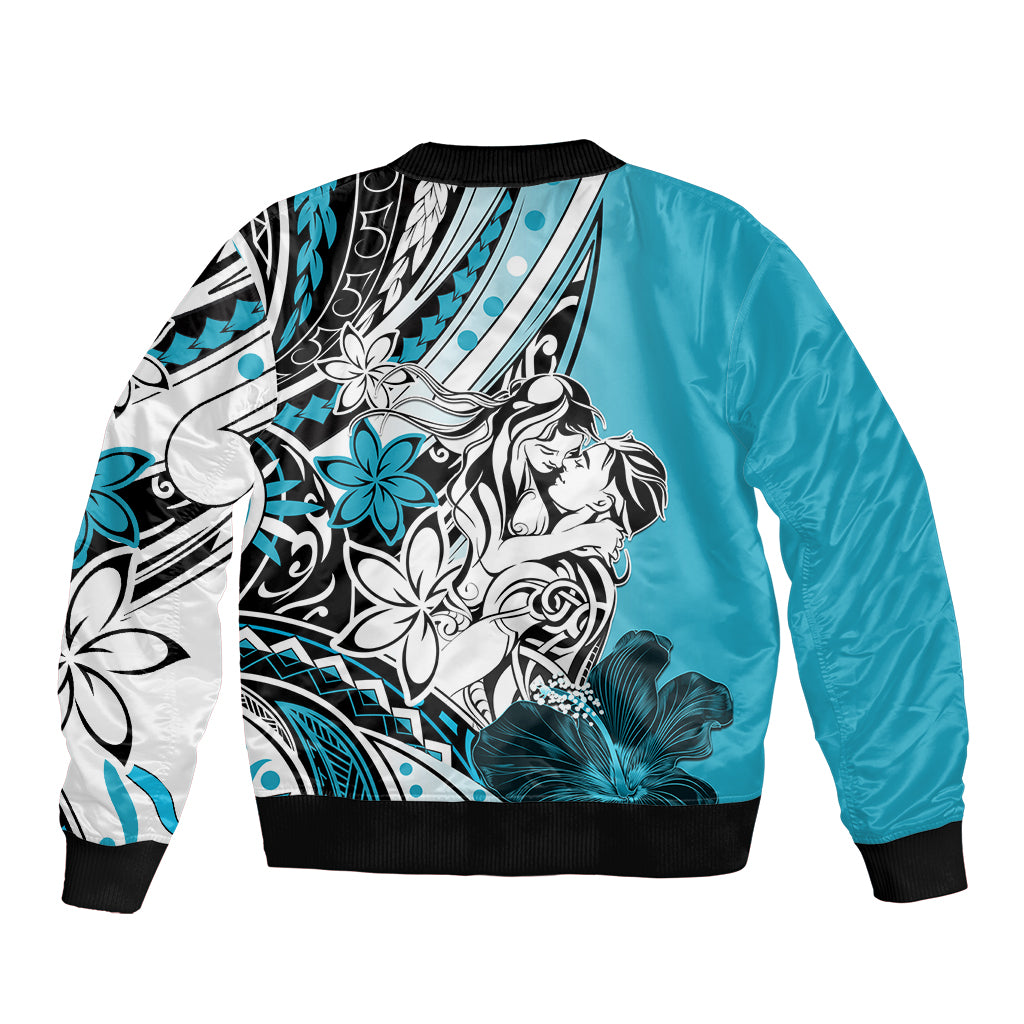 Polynesian Valentine Sleeve Zip Bomber Jacket Couple Floral Unique Sky Blue Version LT01 - Polynesian Pride