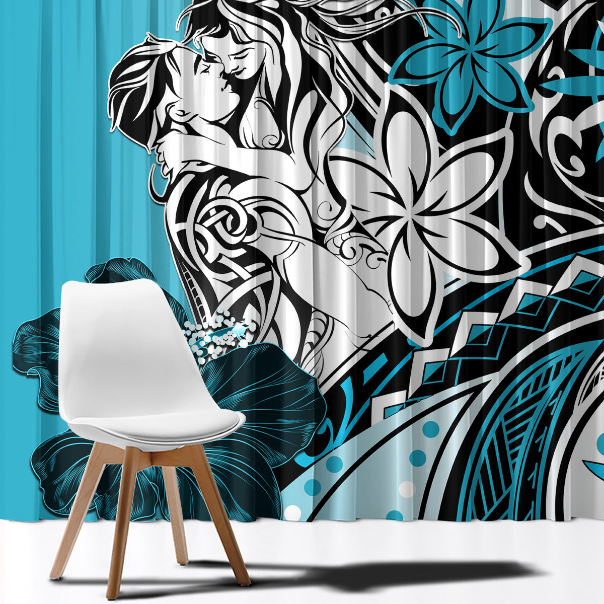Polynesian Valentine Window Curtain Couple Floral Unique Sky Blue Version LT01 - Polynesian Pride