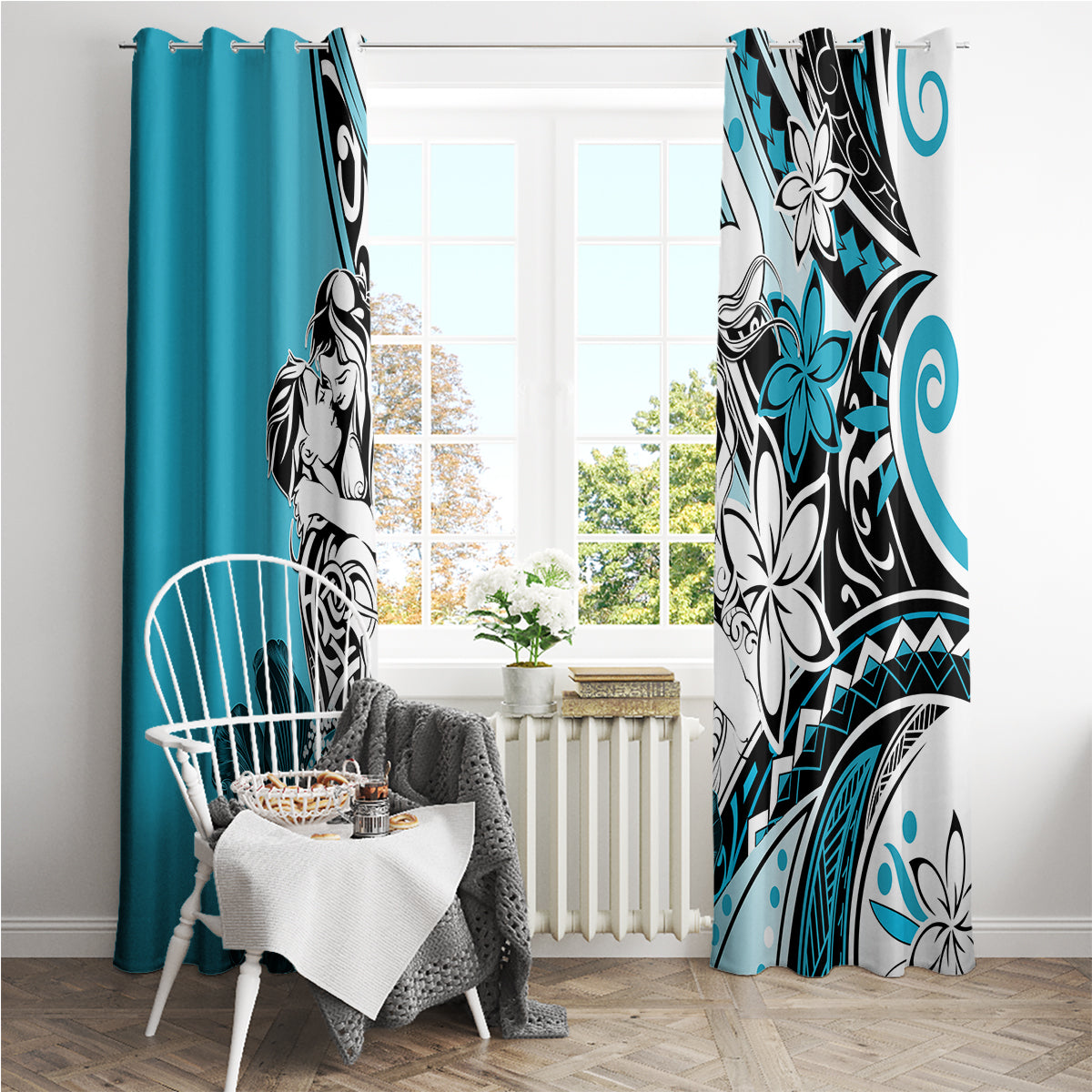 Polynesian Valentine Window Curtain Couple Floral Unique Sky Blue Version LT01 - Polynesian Pride