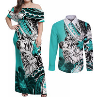 Polynesian Valentine Couples Matching Off Shoulder Maxi Dress and Long Sleeve Button Shirt Couple Floral Unique Turquoise Version LT01 Turquoise - Polynesian Pride