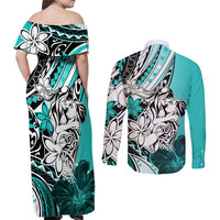 Polynesian Valentine Couples Matching Off Shoulder Maxi Dress and Long Sleeve Button Shirt Couple Floral Unique Turquoise Version LT01 - Polynesian Pride