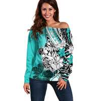 Polynesian Valentine Off Shoulder Sweater Couple Floral Unique Turquoise Version LT01 Women Turquoise - Polynesian Pride