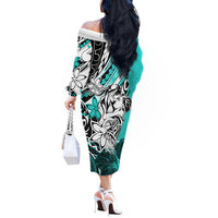 Polynesian Valentine Off The Shoulder Long Sleeve Dress Couple Floral Unique Turquoise Version LT01 - Polynesian Pride