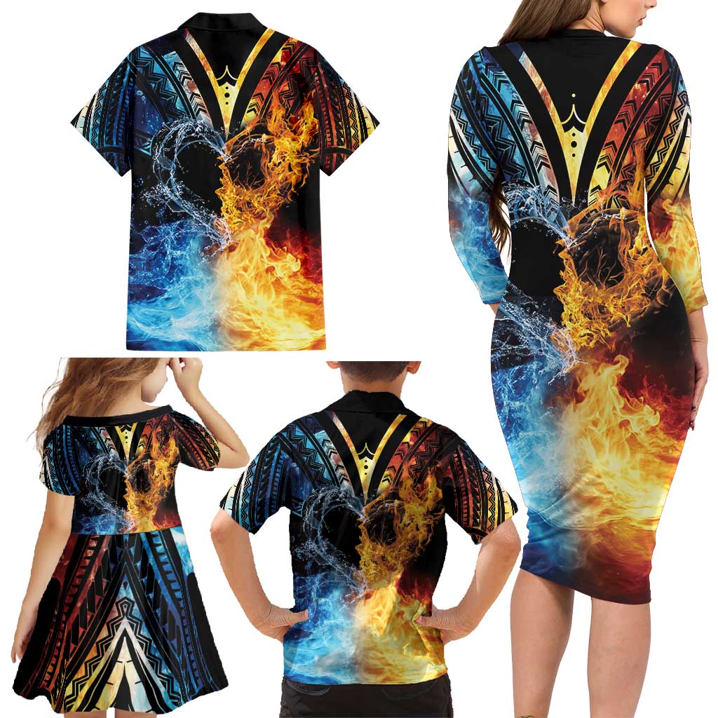 Personalised Polynesian Heart In Fire And Water Family Matching Long Sleeve Bodycon Dress and Hawaiian Shirt Romantic Elements LT01 - Polynesian Pride