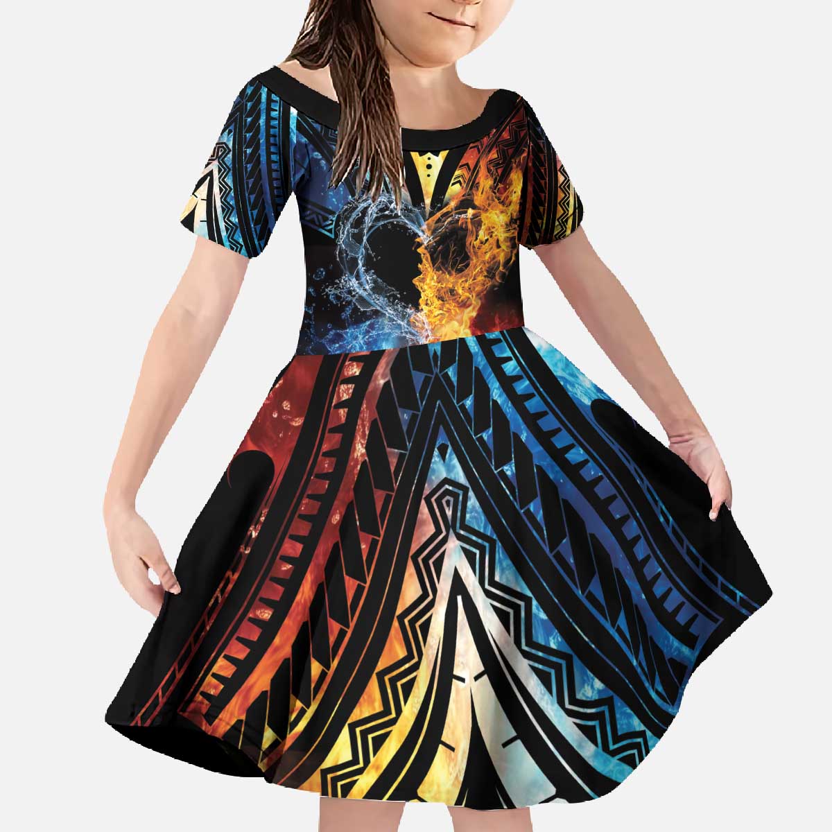Personalised Polynesian Heart In Fire And Water Family Matching Off The Shoulder Long Sleeve Dress and Hawaiian Shirt Romantic Elements LT01 Daughter's Dress Colorful - Polynesian Pride