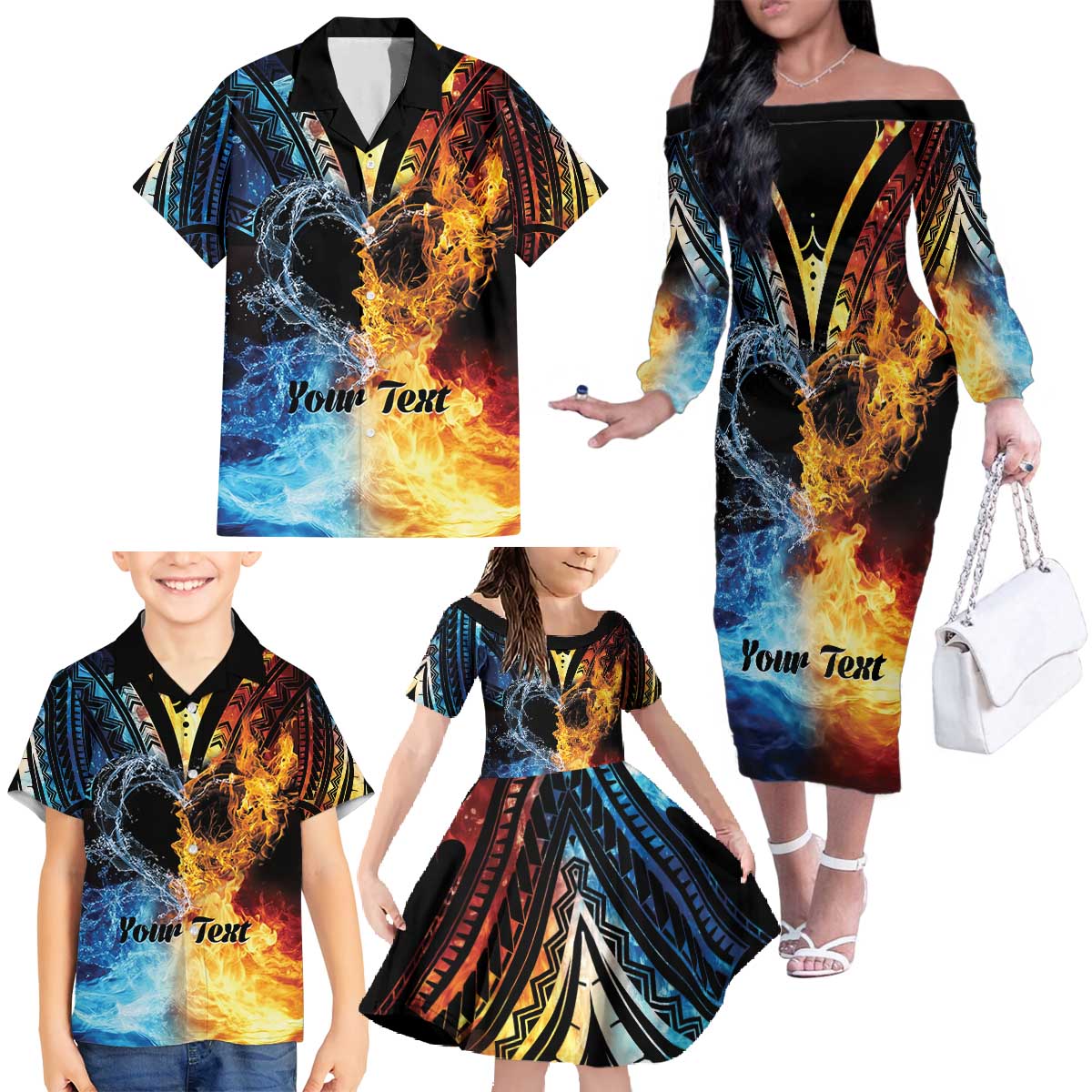 Personalised Polynesian Heart In Fire And Water Family Matching Off The Shoulder Long Sleeve Dress and Hawaiian Shirt Romantic Elements LT01 - Polynesian Pride