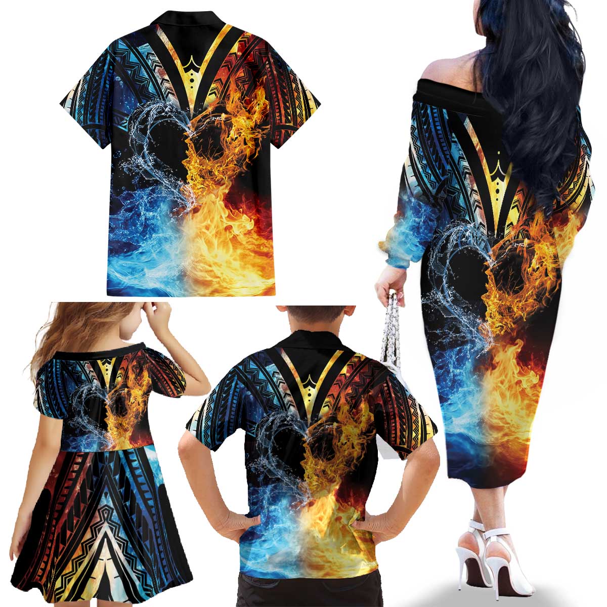 Personalised Polynesian Heart In Fire And Water Family Matching Off The Shoulder Long Sleeve Dress and Hawaiian Shirt Romantic Elements LT01 - Polynesian Pride