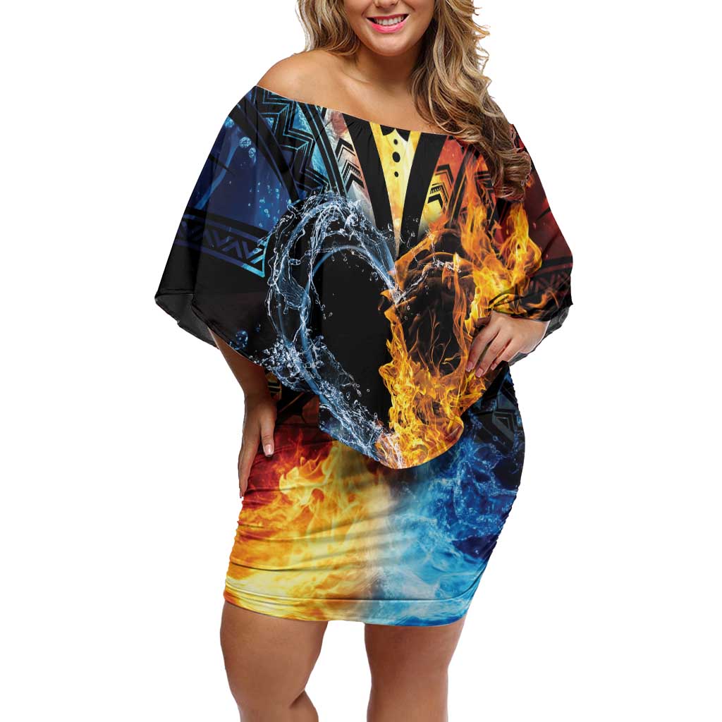 Personalised Polynesian Heart In Fire And Water Family Matching Off Shoulder Short Dress and Hawaiian Shirt Romantic Elements LT01 Mom's Dress Colorful - Polynesian Pride