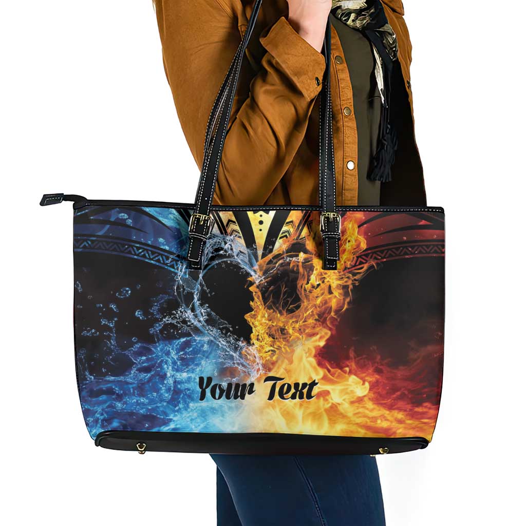 Personalised Polynesian Heart In Fire And Water Leather Tote Bag Romantic Elements LT01 - Polynesian Pride