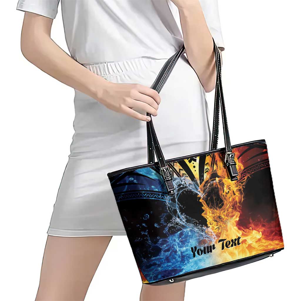 Personalised Polynesian Heart In Fire And Water Leather Tote Bag Romantic Elements LT01 - Polynesian Pride