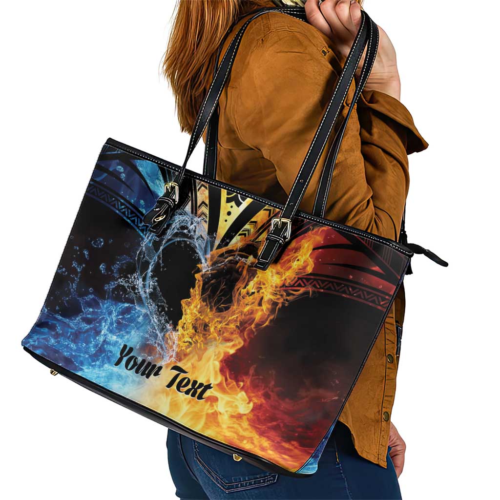 Personalised Polynesian Heart In Fire And Water Leather Tote Bag Romantic Elements LT01 - Polynesian Pride