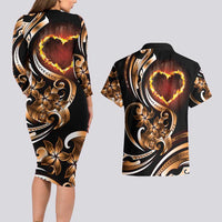 Personalised Polynesian Fiery Heart Couples Matching Long Sleeve Bodycon Dress and Hawaiian Shirt Passionate Love LT01 - Polynesian Pride