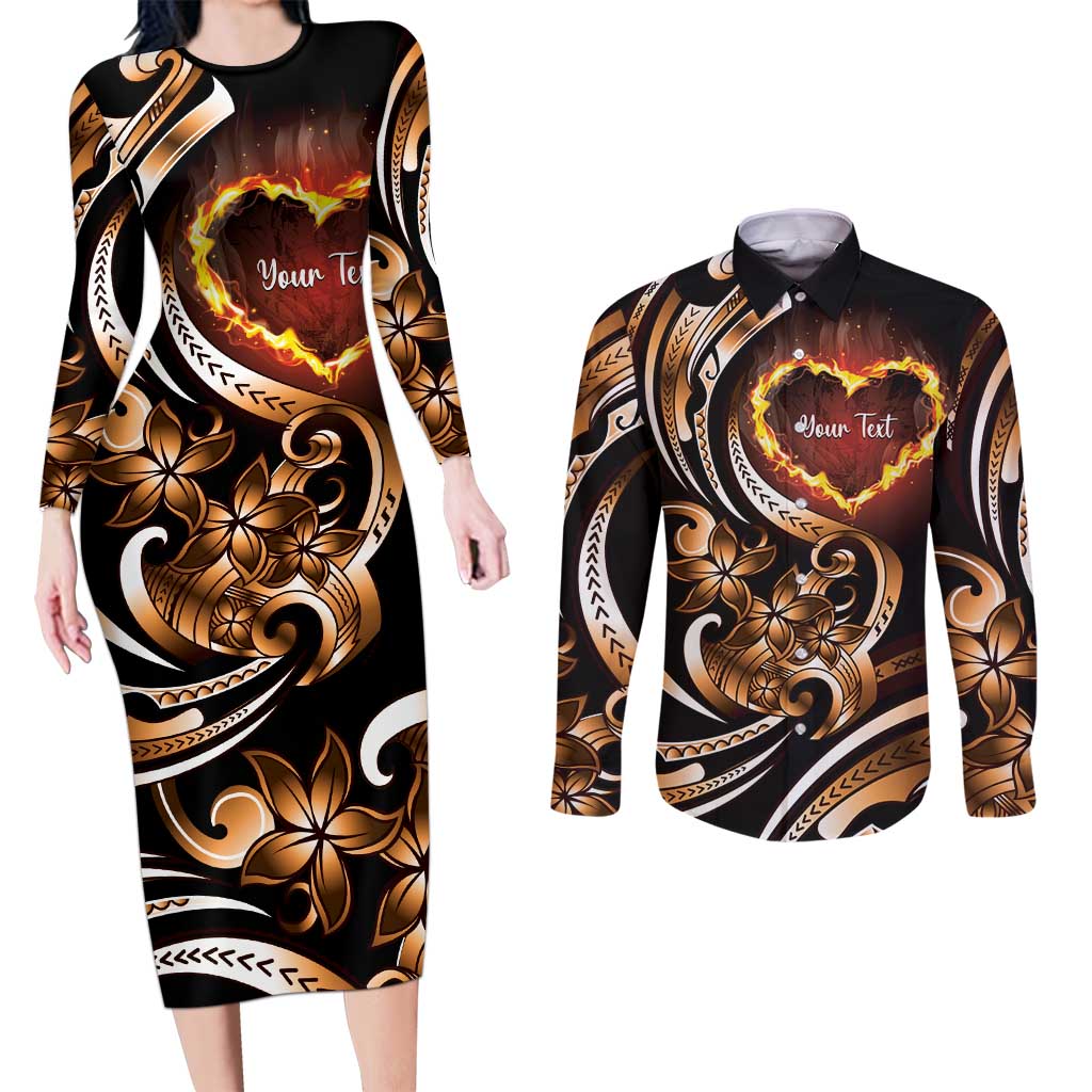 Personalised Polynesian Fiery Heart Couples Matching Long Sleeve Bodycon Dress and Long Sleeve Button Shirt Passionate Love LT01 Black - Polynesian Pride