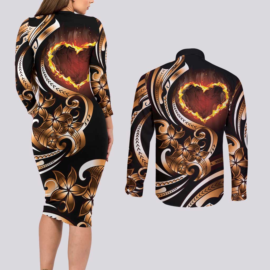 Personalised Polynesian Fiery Heart Couples Matching Long Sleeve Bodycon Dress and Long Sleeve Button Shirt Passionate Love LT01 - Polynesian Pride