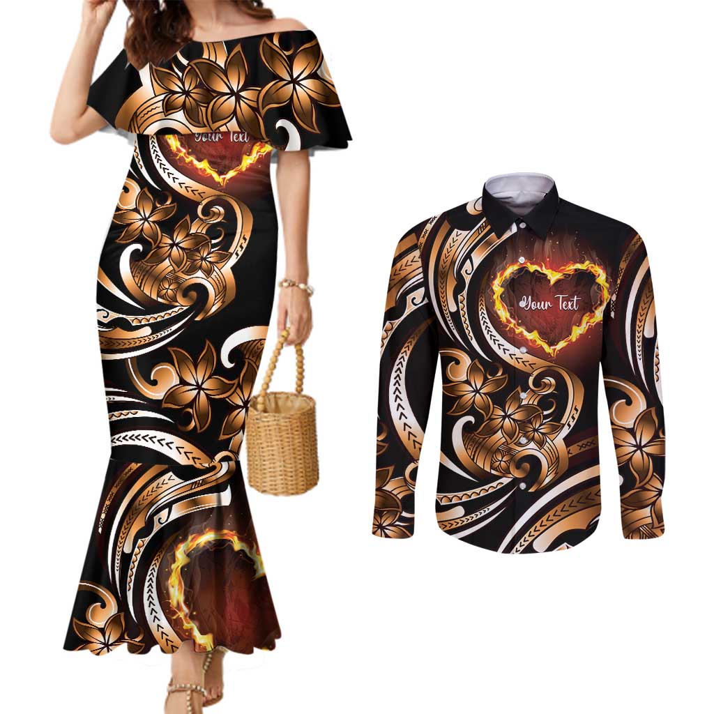 Personalised Polynesian Fiery Heart Couples Matching Mermaid Dress and Long Sleeve Button Shirt Passionate Love LT01 Black - Polynesian Pride