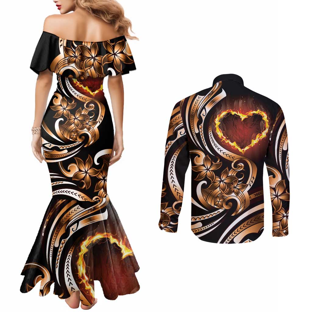 Personalised Polynesian Fiery Heart Couples Matching Mermaid Dress and Long Sleeve Button Shirt Passionate Love LT01 - Polynesian Pride