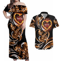 Personalised Polynesian Fiery Heart Couples Matching Off Shoulder Maxi Dress and Hawaiian Shirt Passionate Love LT01 Black - Polynesian Pride