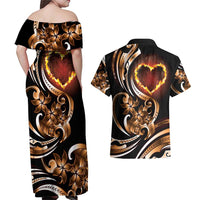 Personalised Polynesian Fiery Heart Couples Matching Off Shoulder Maxi Dress and Hawaiian Shirt Passionate Love LT01 - Polynesian Pride