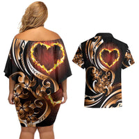 Personalised Polynesian Fiery Heart Couples Matching Off Shoulder Short Dress and Hawaiian Shirt Passionate Love LT01 - Polynesian Pride