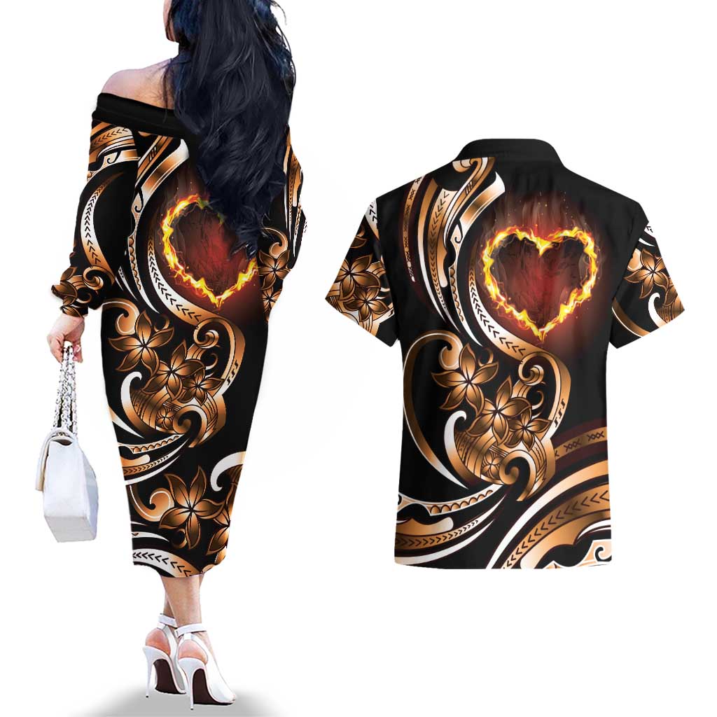Personalised Polynesian Fiery Heart Couples Matching Off The Shoulder Long Sleeve Dress and Hawaiian Shirt Passionate Love LT01 - Polynesian Pride