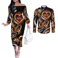 Personalised Polynesian Fiery Heart Couples Matching Off The Shoulder Long Sleeve Dress and Long Sleeve Button Shirt Passionate Love LT01 Black - Polynesian Pride