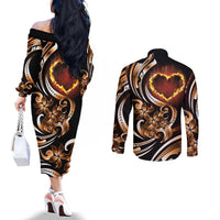 Personalised Polynesian Fiery Heart Couples Matching Off The Shoulder Long Sleeve Dress and Long Sleeve Button Shirt Passionate Love LT01 - Polynesian Pride