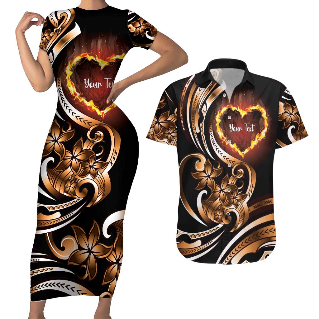 Personalised Polynesian Fiery Heart Couples Matching Short Sleeve Bodycon Dress and Hawaiian Shirt Passionate Love LT01 Black - Polynesian Pride